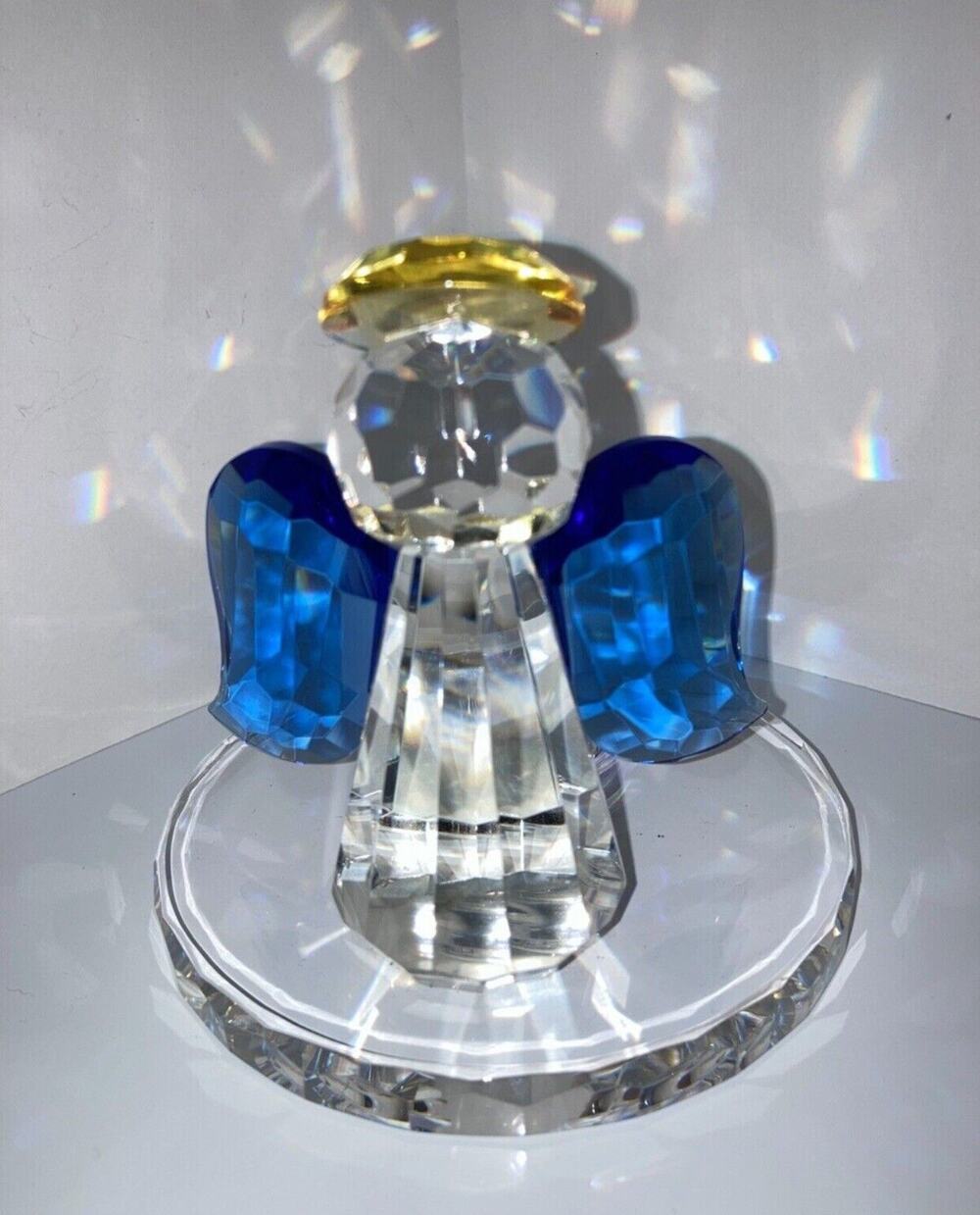 Partylite Crystal Faceted Optic Angel Gold Halo Blue Tealight Holder 4” Tall